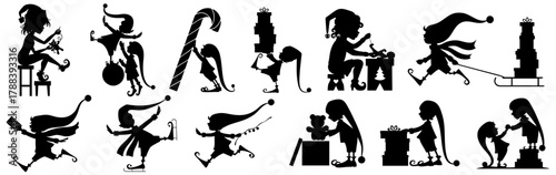 Silhouette bundle of Christmas elves. Santa’s little helpers making toys and wrapping gifts for winter holidays,  and long hats.