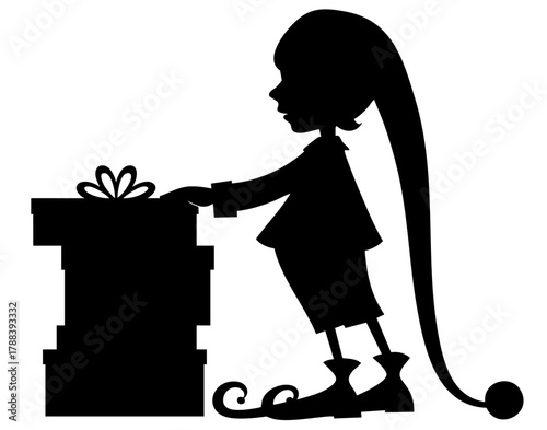 Christmas elf silhouette wearing a long hat carefully stacks a pile of gift boxes, preparing them for festive delivery. Santa’s helper organizing presents