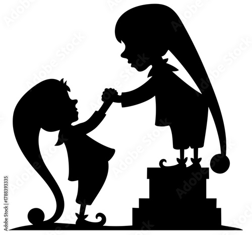 Christmas elves silhouettes helping each other. Santa’s kind helpers teamwork at the North Pole