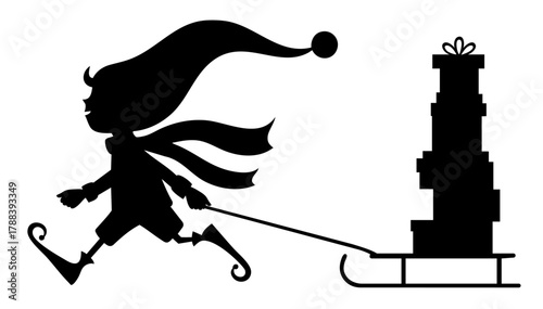 Christmas elf silhouette pulling sleigh full of presents. Santa’s helper delivering gifts from North Pole. loaded with boxes and gifts, helping to bring holiday cheer to children around the world.