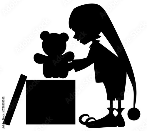 Christmas elf silhouette putting teddy bear into gift box. Santa’s helper packing toys for children. cute elf in a long cap carefully places