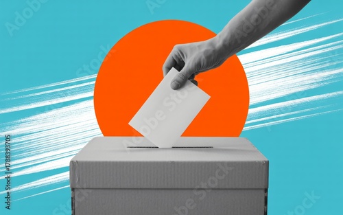 stylized illustration of hand voting in ballot box, political election and democracy concept, modern civic participation art

