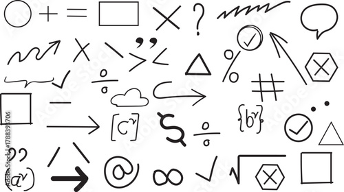 Assorted mathematical symbols and geometric shapes, doodles, and design elements for educational or creative projects