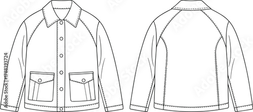 Front and back view jacket flat sketch, fashion CAD drawing vector, technical illustration of casual outerwear design, coat template outline