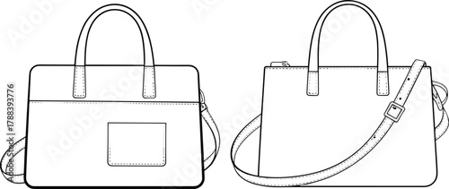 Handbag front and back view, CAD technical flat drawing, fashion bag vector illustration for accessories design and product development