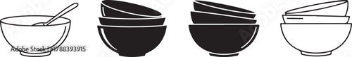 Black and white illustrations of bowls and spoon stacked bowls kitchenware