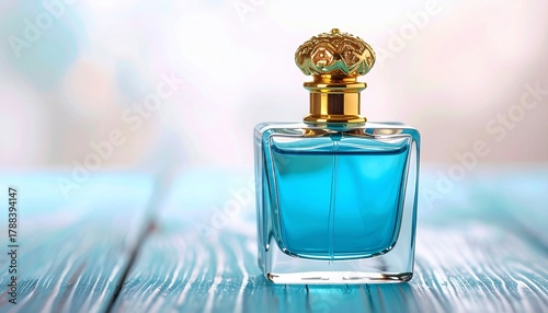 Elegant perfume bottle on a wooden surface with a soft and dreamy background