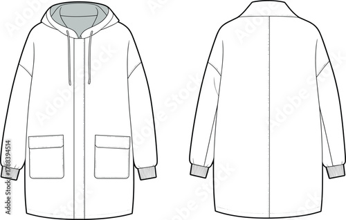 Hooded oversized jacket fashion flat sketch, front and back technical drawing, vector illustration for clothing design, winter outerwear CAD template