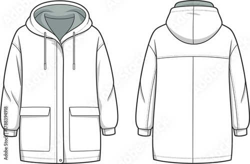 Hooded winter jacket technical drawing, outerwear coat fashion flat sketch, unisex parka design illustration, detailed garment CAD drawing flat vector illustration