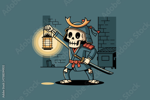 Samurai Skeleton Warrior Holding a Traditional Japanese Lantern.