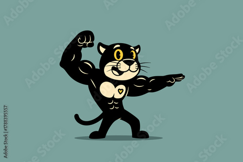 Muscular Black Panther Cartoon Character Flexing Biceps Confiden