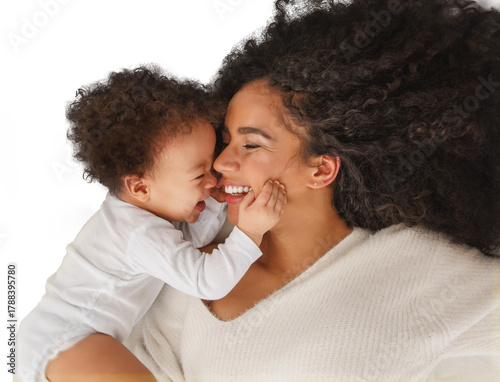 Happy mother and baby isolated on transparent background. Loving family moment, motherhood, care, affection, laughter, and warmth concept for design, advertising, and creative projects.
