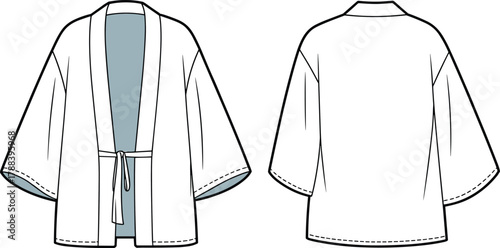 Kimono cardigan fashion flat sketch, CAD technical drawing, vector illustration of robe jacket front and back view, clothing design template