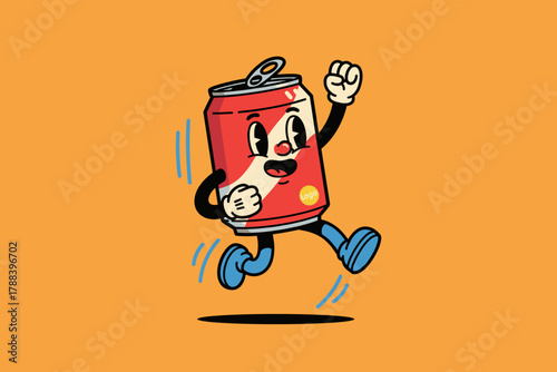 Energetic Retro Cartoon Soda Can Character Running Joyfully.
