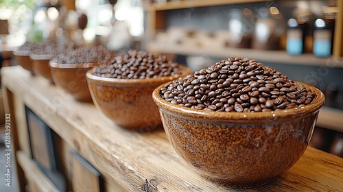 Coffee Beans Displayed in Rustic Bowls at Cafe