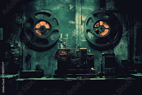 Vintage Film Projector with Reels in Dark Setting