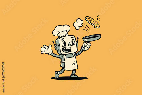 Happy Robot Chef Flipping Pancake in Cartoon Style.