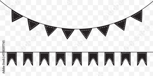 Black Pennant Banners Silhouettes, Party Decorations, Vector Art. hanging flags with text Happy Birthday, festive decorations. EPS 10. 