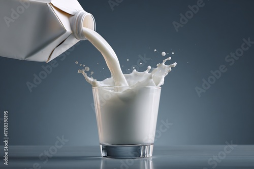 Fresh Milk Pouring Smoothly From An Open Carton Into A Clear Glass, Mid-Pour Splash, Smooth Motion, Creamy Texture, Soft Reflection On Glass, Professional Lighting For Food Brandi