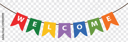 Welcome card or banner with typography design. Vector illustration with retro light bulbs font, streamers, confetti and hanging flag garlands. Welcome card concept, typography Best design. Eps 10.