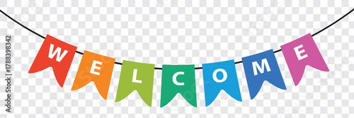 Welcome card concept, typography design. Golden streamers, hanging paper flag garland, rope. Realistic party banner, gold, black color. Celebration bunting mockup. Transparent background. Vector Best.