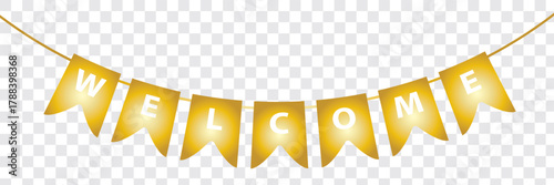 Welcome card concept, typography design. Golden streamers, hanging paper flag garland, rope. Realistic party banner, gold, black color. Celebration bunting mockup. Transparent background. Vector Best.