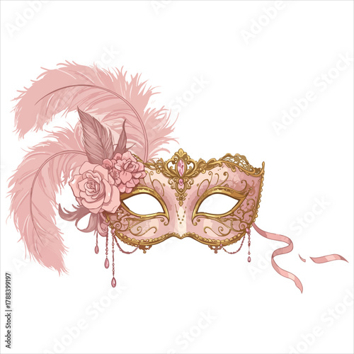 Elegant Venetian Mask with Pink Feathers and Roses for Celebration