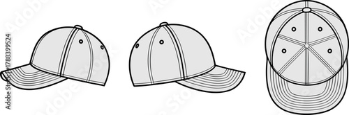 Baseball cap, fashion, vector, illustration, sketch, outline, side view, top view, panel, brim, stitching, garment, stylish, casual, accessory, design, apparel, technical, sporty, layout