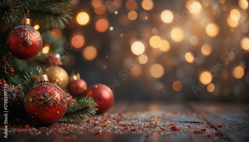Christmas background with red and gold ornaments, pine branches, and bokeh lights, festive mood