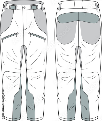 Performance pants, fashion, vector, illustration, sketch, outline, zipper, strap, buckle, pocket, garment, stylish, outdoor, design, apparel, technical, durable, reinforced, athletic