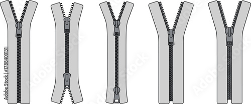 Zipper, fashion, vector, illustration, sketch, outline, closed-end, open-end, two-way, slider, garment, accessory, textile, design, apparel, technical, durable, functional, layout