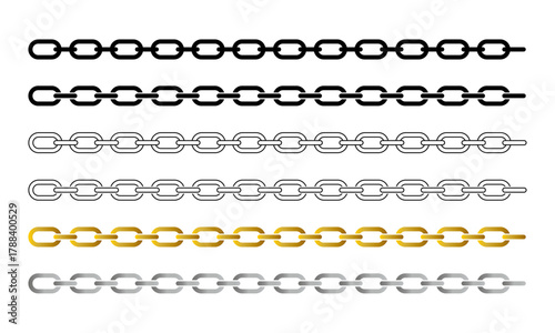 Chain pattern solid black, outline, gold, and silver. Connection idea. Perfect for backgrounds, borders, industrial or jewelry design. Useful for templates or decoration projects. Vector illustration.