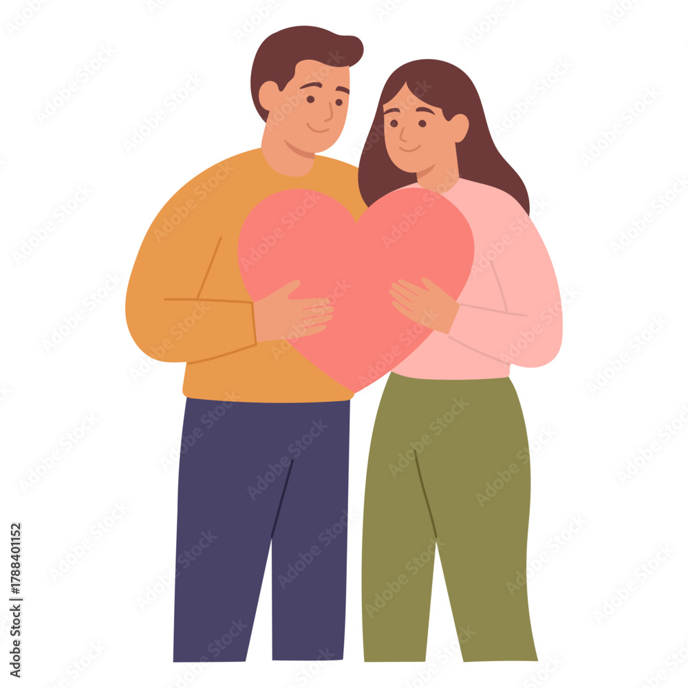 Obraz premium Vector illustration of a loving couple holding a big heart together. Perfect for Valentine’s Day designs, relationship concepts, wedding invitations, and romantic marketing materials