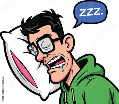 Man with glasses sleeping on a pillow with zzz bubble