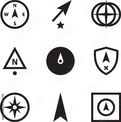 Navigational Icons: A collection of stylized black and white navigational icons, representing various forms of directional guidance, perfect for design elements.