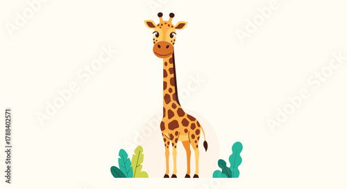 Cute cartoon giraffe standing and smiling in a minimalist savanna scene with green plants.