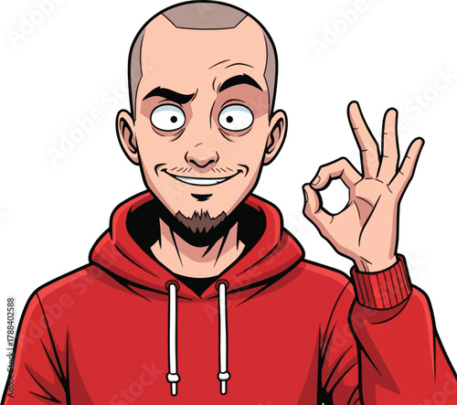 Man with goatee and shaved head making ok gesture