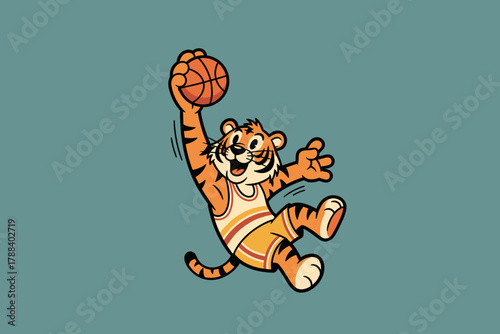 Cartoon Tiger Playing Basketball with a Ball in a Dynamic Pose.