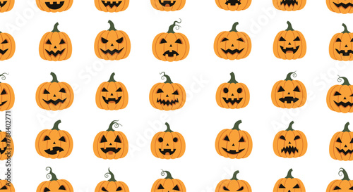 A seamless pattern of cheerful, scary, and expressive Halloween jack-o'-lanterns against a clean white background, perfect for festive designs.
