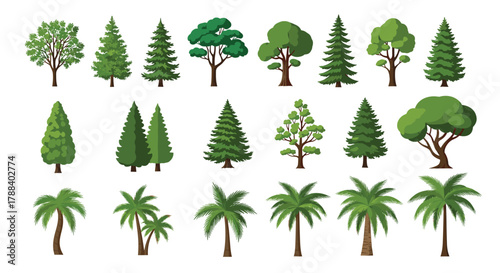 Various types of stylized green trees, including deciduous, evergreen, and palm trees, isolated on a white background.