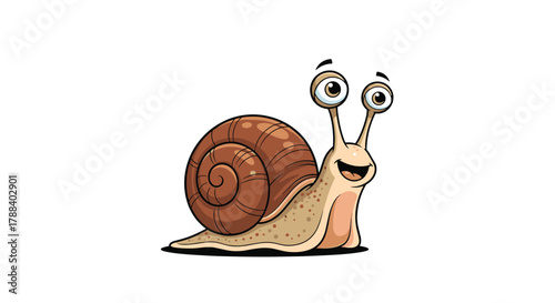 A cheerful cartoon snail with big eyes and a spiral shell smiles happily on a white background, perfect for children's content.