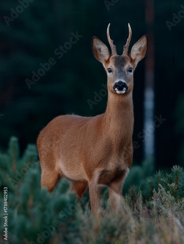 Young Deer Standing on Edge of Forest in Twilight