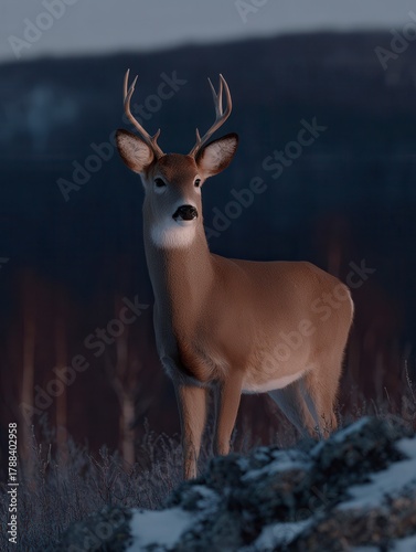 Deer with Antlers in Evening Light on Mountain Background