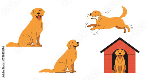 Adorable golden retrievers depicted in various happy poses, from playful outdoor activities to resting comfortably in their dog house.
