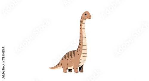A cute and friendly cartoon long-necked dinosaur with distinctive brown stripes and a happy expression stands isolated on a clean white background.