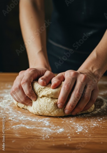 Close up shot of hands kneading rustic sourdough bread dough on a wooden surface, emphasizing the freshness and homemade quality of the baking process, activity, rising, domestic