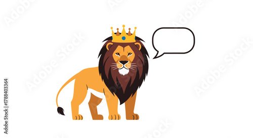 A majestic cartoon lion wearing a golden crown stands proudly with an empty speech bubble, ready to communicate a royal message.