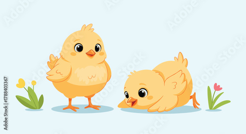 Two adorable yellow baby chicks in a playful scene on a soft blue background, surrounded by small spring flowers.