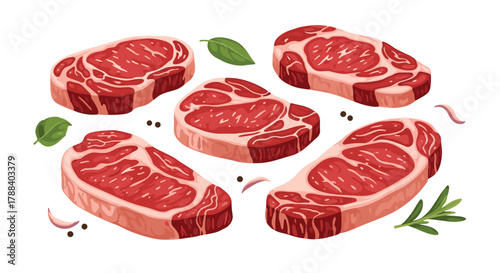 Assortment of fresh raw beef steaks and ribeye cuts arranged with green herbs and black peppercorns, ready for cooking.