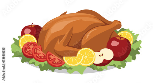 Golden brown roasted turkey or chicken served on a platter with fresh apples, lemons, tomatoes, and lettuce.